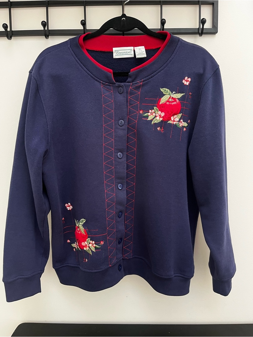 Vintage Navy Apple-Embroidered Button Front Cardigan Cottagecore Whimsy Fall